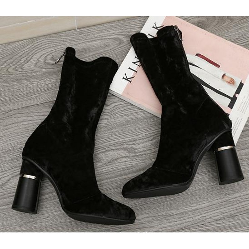 black high heel mid calf boots