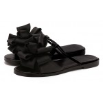 Black Satin Flowers Floral Flats Sandals Shoes