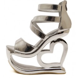 Silver Metallic Shiny Platforms Heart Hollow Out Wedges Sandals Bridal Shoes