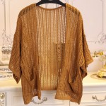 Brown Yellow Crochet Lace Batwing Short Sleeves Cardigan Outer Jacket