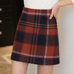 Orange Brown Tartan Check Plaid Checkers Woolen Bodycon A Line Mini Skirt