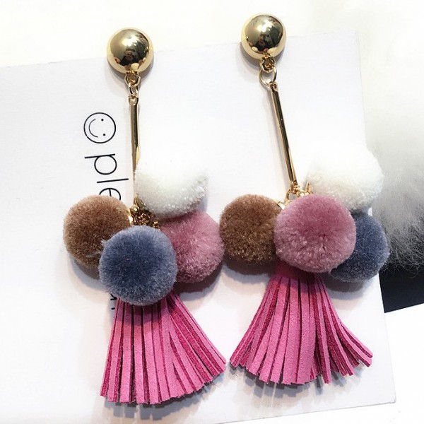 Pink Fushia Tassels Flurry Colorful Poms Long Earrings Ear Drops