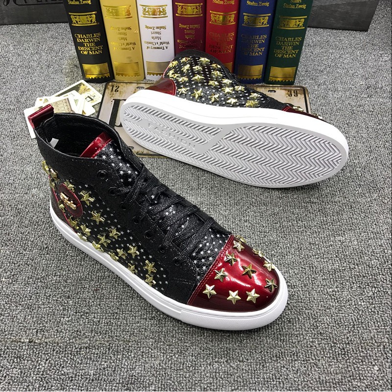 Black Red Patent Stars Spikes High Top Punk Rock Mens Sneakers Shoes Flats