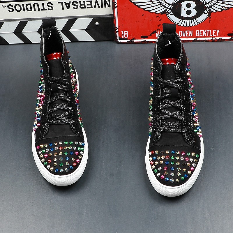 Black Rainbow Spikes High Top Punk Rock Mens Sneakers Shoes Flats