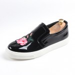 Black Patent Glossy Pink Embroidery Rose FlowersMens  Loafers Sneakers Shoes Flats