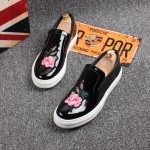 Black Patent Glossy Pink Embroidery Rose FlowersMens  Loafers Sneakers Shoes Flats