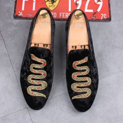 Black Velvet Embroidery Snake Loafers Sneakers Mens Dress Shoes Flats