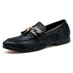 Blue Black Snake Print Patterned Tassels Loafers Dapperman Dress Shoes Flats
