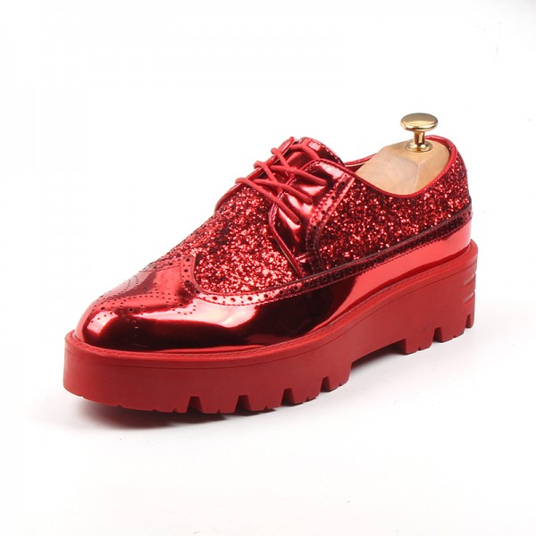 Red Metallic Glitters Cleated Sole Mens Oxfords Loafers Dapperman Dress Shoes Flats