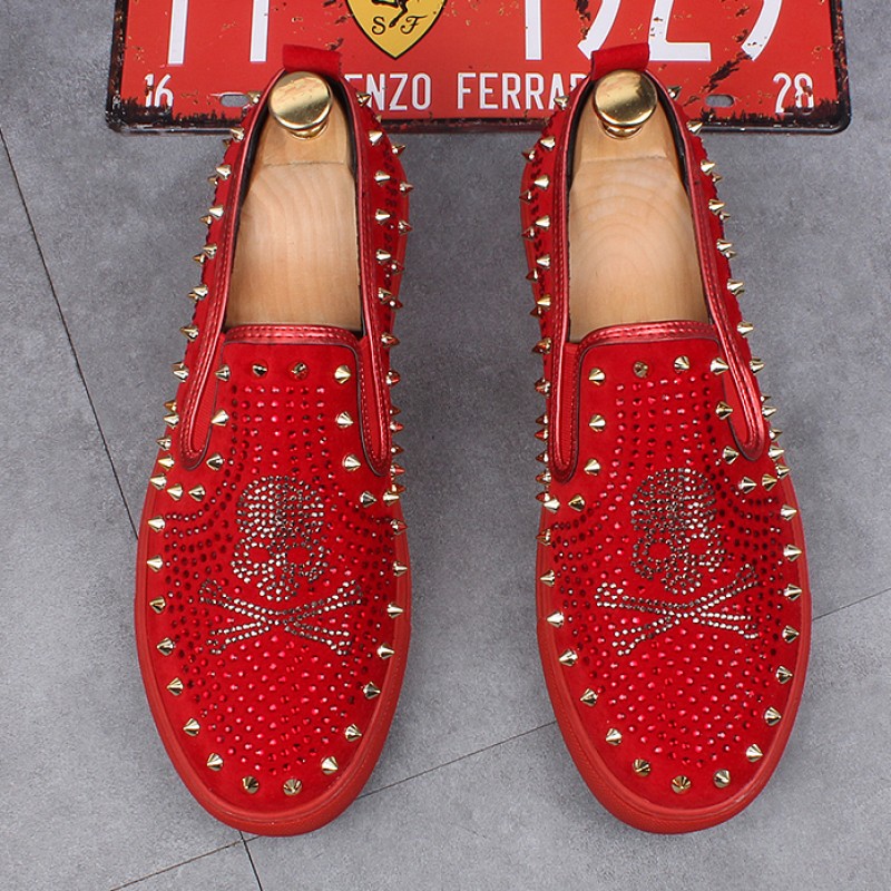 Red Suede Gold Bee Spikes Mens Loafers Flats Dress Shoes