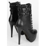 Black Lace Up Buckles High Top Platforms Stiletto High Heels Boots Shoes