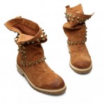 Brown Suede Vintage Metal Square Studs Grunge Flats Boots Shoes
