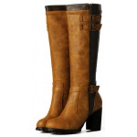 Brown Camel Vintage Combat Rider Long High Heels Boots Shoes