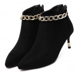Black Suede Metal Chain Point Head Heels Ankle Boots Shoes