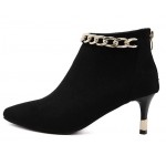 Black Suede Metal Chain Point Head Heels Ankle Boots Shoes