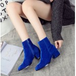 Blue Royal Velvet Blunt Head Heels High Top Boots Shoes