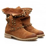 Brown Suede Vintage Metal Square Studs Grunge Flats Boots Shoes