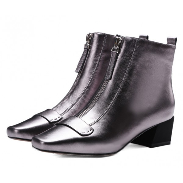 Silver Metallic Leather Blunt Head Zipper Ankle Chelsea Boots Shoes