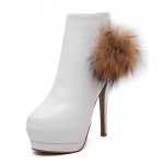 White Fur Pom Platforms Stiletto High Heels Ankle Boots Shoes