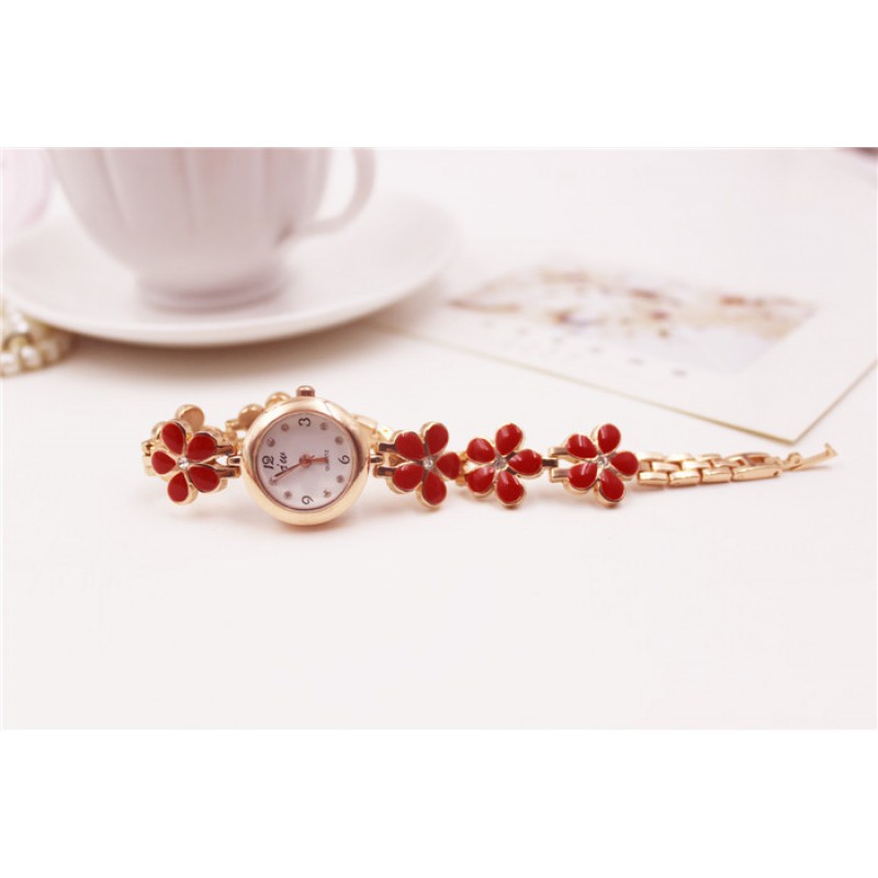 Pink Flowers Gold Metal Bracelet Bangle Wristband Quartz Watch 25 mm
