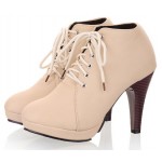 Beige Lace Up Stiletto High Heels Platforms Ankle Rider Booties Boots