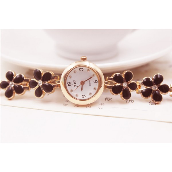 Black Flowers Gold Metal Bracelet Bangle Wristband Quartz Watch 25 mm