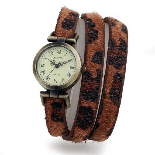 Brown Fur Leopard Long Belt Strap Bracelet Bangle Wristband Quartz Watch 25 mm