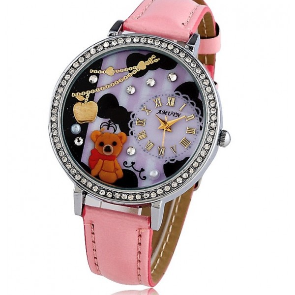 Pink Strap Diamante Purple Teddy Bear Round Dial Watch Gold Case 40mm