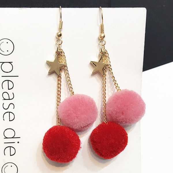 Red Pink Gold Star Fur Flurry Colorful Poms Long Earrings Ear Drops