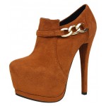 Brown Suede Gold Chain Platforms Ankle Stiletto High Heels Boots Shoes