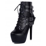 Black Snake Skin Lace Up Platforms Stiletto High Heels Boots Shoes