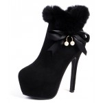 Black Suede Pearl Rabbit Fur Platforms Stiletto High Heels Boots Shoes
