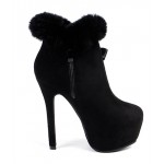 Black Suede Pearl Rabbit Fur Platforms Stiletto High Heels Boots Shoes