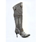 Grey Black Ripped Denim Jeans Studs Long Vintage Stiletto High Heels Boots Shoes