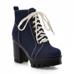 Blue Demin Jeans Lace Up Platforms Sneakers Chunky Block High Heels Boots Shoes