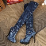 Blue Washed Denim Jeans Platforms Long Knees Thigh Stiletto High Heels Boots Shoes