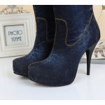Blue Denim Jeans Platforms Long Knees Thigh Stiletto High Heels Boots Shoes