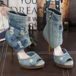 Blue Ripped Denim Jeans Ankle Peep Toe Sandals Stiletto High Heels Boots Shoes