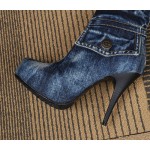 Blue Washed Denim Jeans Platforms Long Knees Thigh Stiletto High Heels Boots Shoes