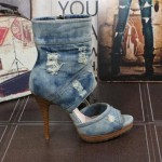 Blue Ripped Denim Jeans Ankle Peep Toe Sandals Stiletto High Heels Boots Shoes