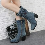Blue Washed Denim Jeans Platforms Mid Calf High Heels Boots Shoes
