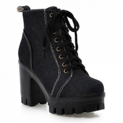 Black Demin Jeans Lace Up Platforms Sneakers Chunky Block High Heels Boots Shoes