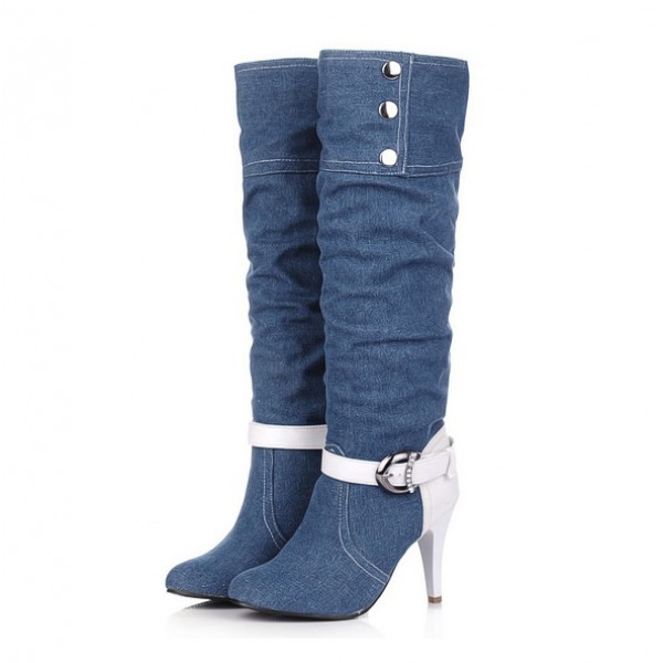 Blue Denim Jeans White Buckle Long Stiletto High Heels Boots Shoes