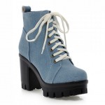 Blue Light Demin Jeans Lace Up Platforms Sneakers Chunky Block High Heels Boots Shoes