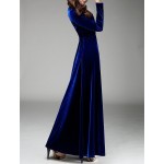 Blue Royal Velvet Long Sleeves V Neck Gothic Maxi Long A Line Dress Gown