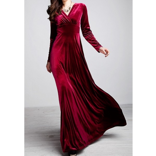 Burgundy Velvet Long Sleeves V Neck Gothic Maxi Long A Line Dress Gown