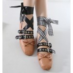 Khaki Studs Straps Ankle Ribbons Punk Rock Ballets Ballerina Flats Shoes