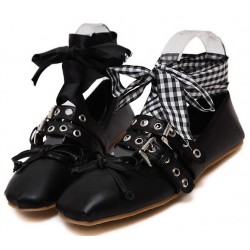 Black Studs Straps Ankle Ribbons Punk Rock Ballets Ballerina Flats Shoes