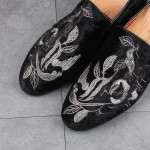 Black Grey Velvet Embroidery Flowers Mens Oxfords Loafers Dress Shoes Flats