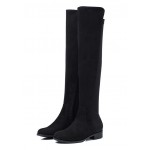 Black Suede Leather Elastic Long Knee Rider Flats Boots Shoes